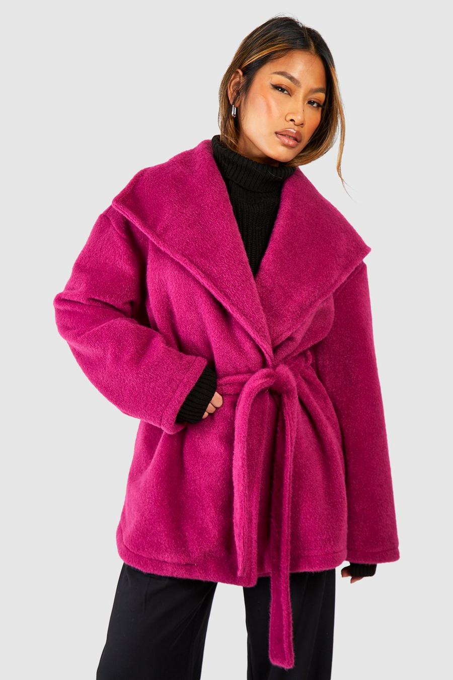Cappotto lungo effetto lana con trama, colletto sciallato e cintura, Raspberry