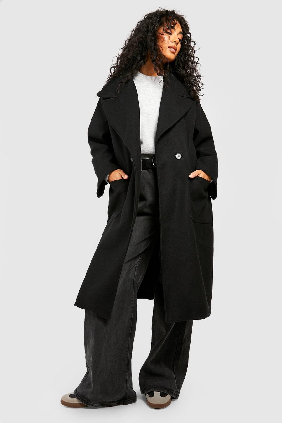 Black Shoulder Detail Midi Wool Look Coat