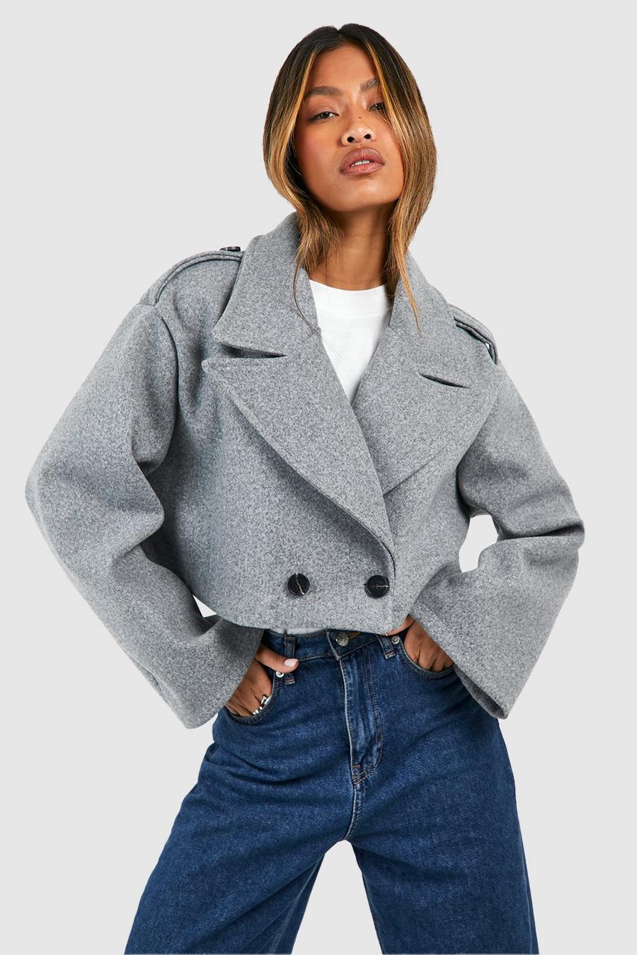 Grey Boxy Shoulder Detail Short Wool Look Coat
