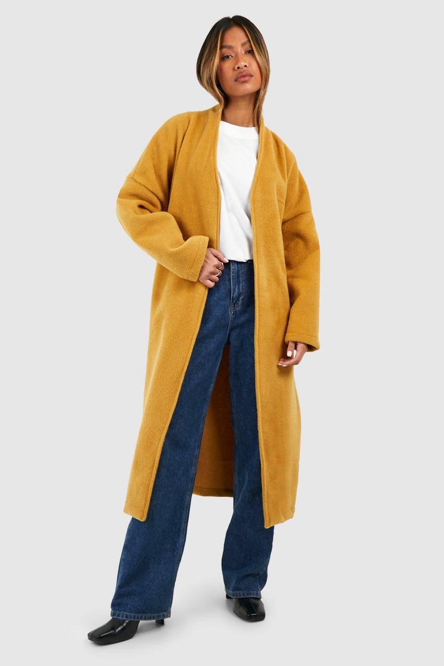 Cappotto effetto lana con trama e cintura, Mustard