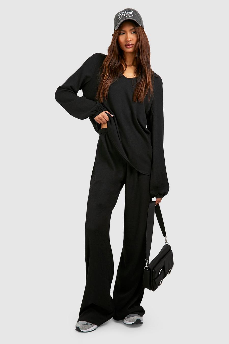 Black Tall Textured Relaxed Open Collar Top And Wide Leg Pants
