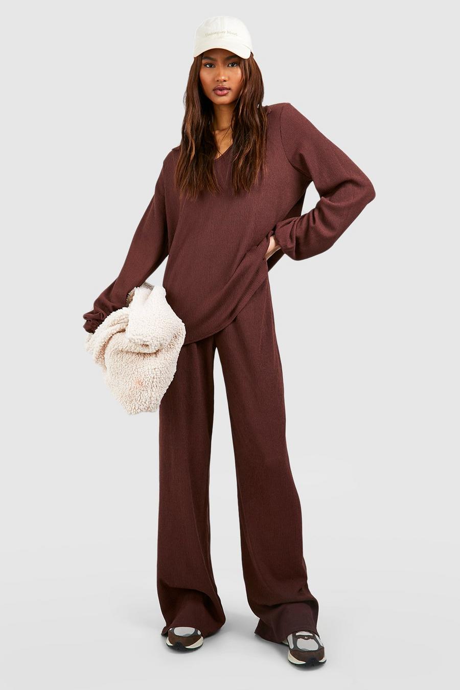 Chocolate Tall Textured Relaxed Open Collar Top And Wide Leg Trouser