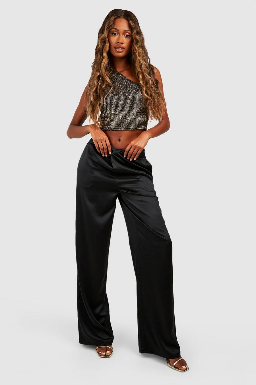 Black Heavy Satin Twist Front Wide Leg Pants