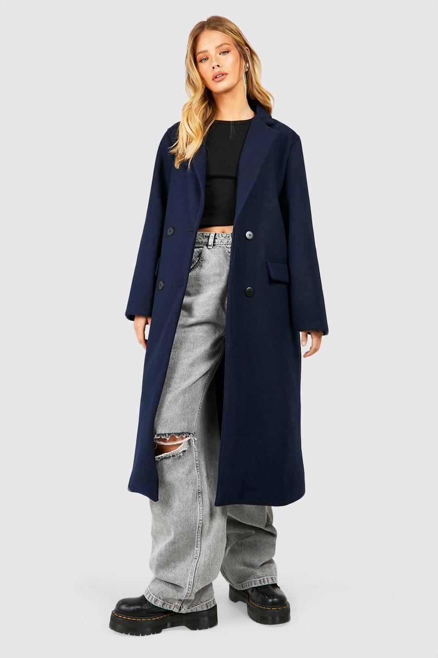 Navy Shoulder Pad Wool Look Coat