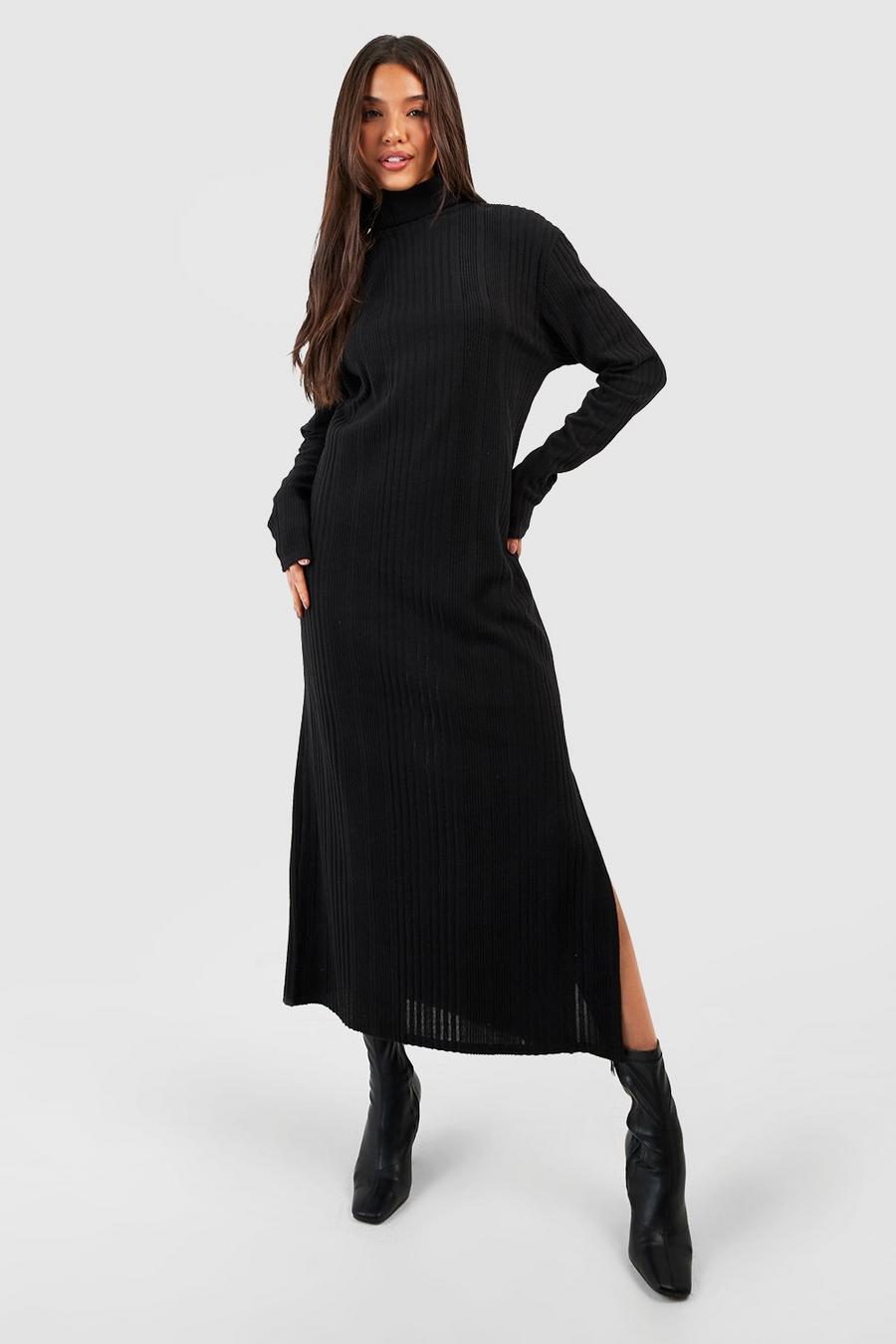 Black Textured Rib Turtleneck Column Midi Dress