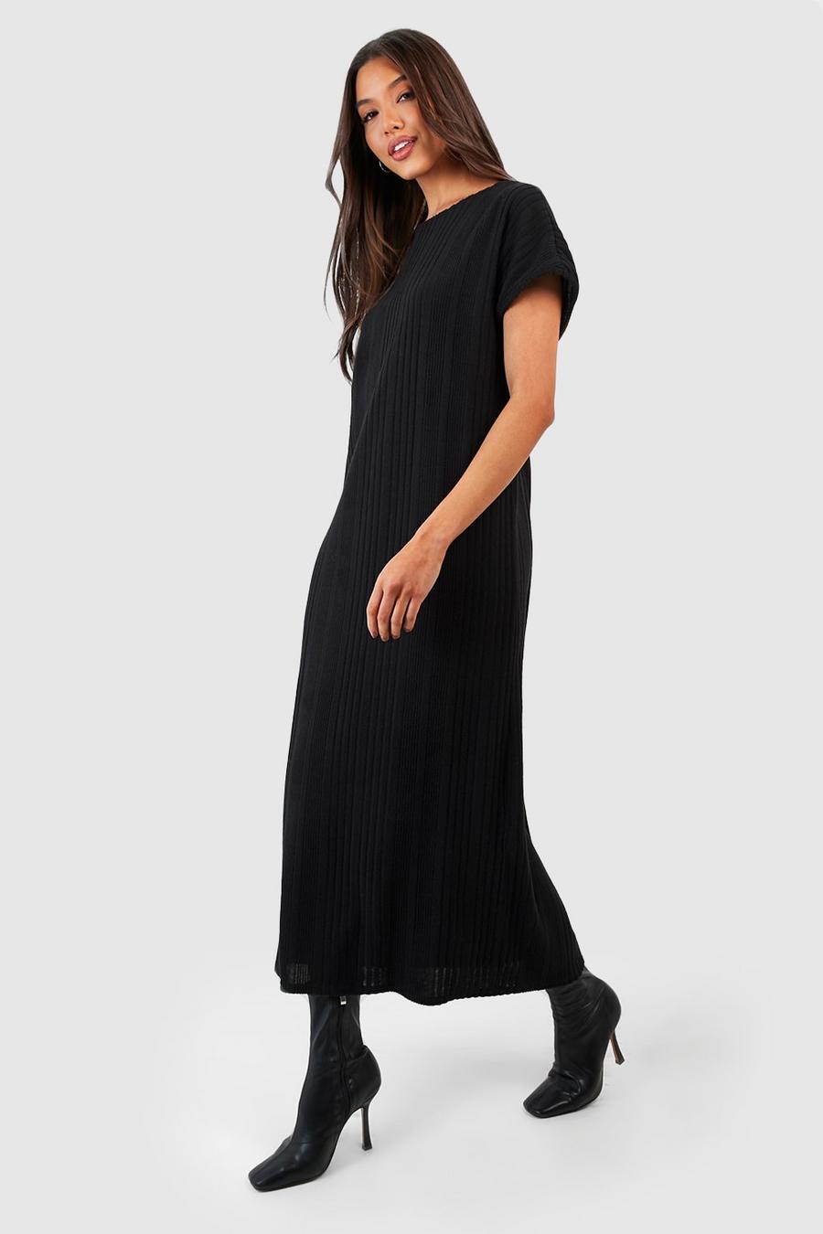 Black Textured Rib Column Midi Dress