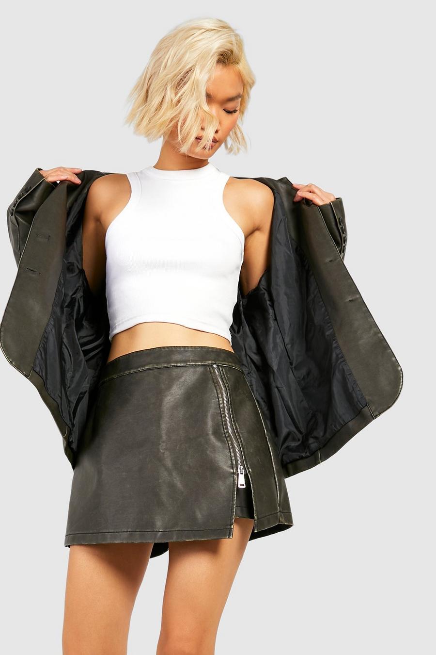 Falda pantalón de cuero sintético desteñido con cremallera lateral, Brown image number 1