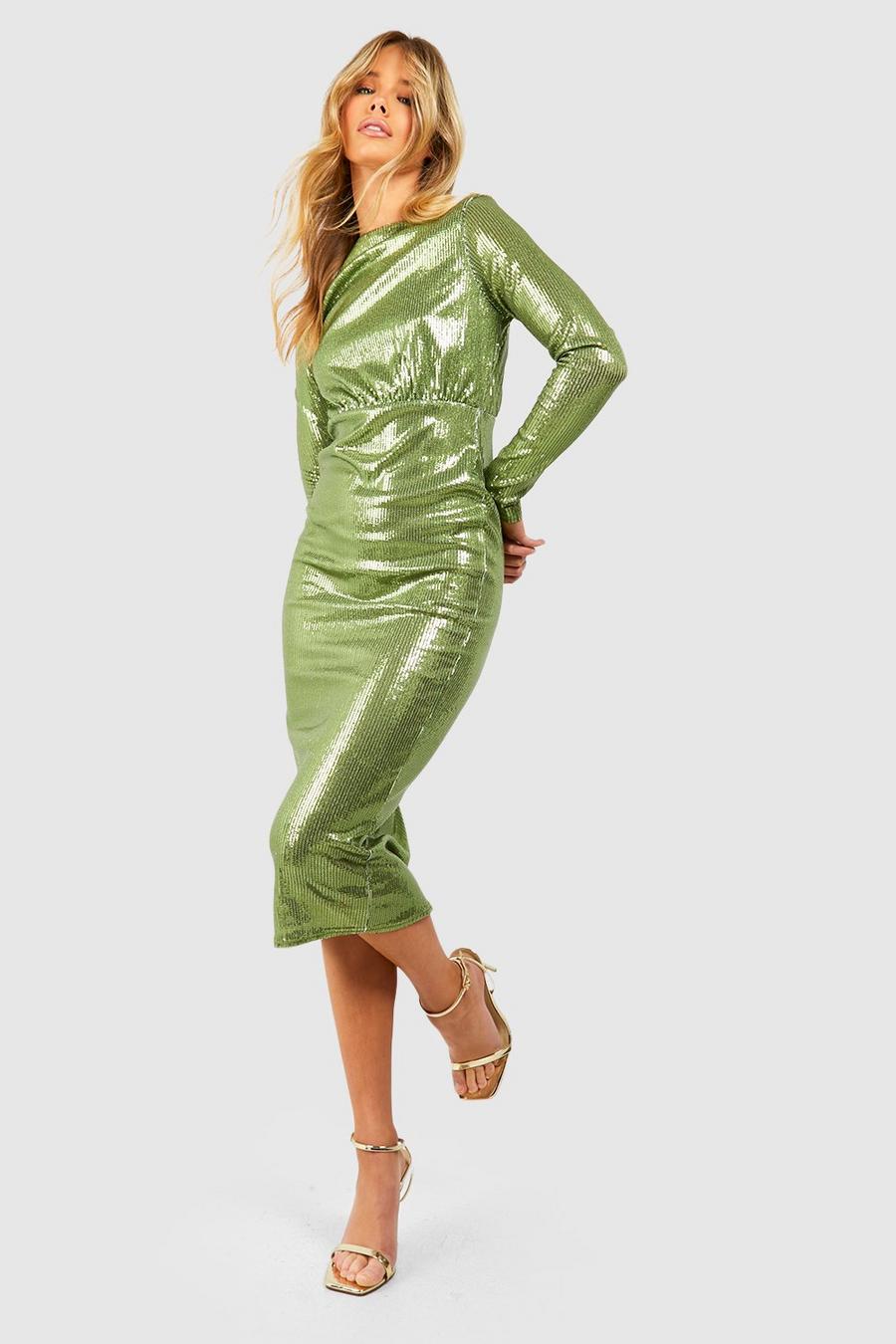 Olive Sequin Long Sleeve Midi Dress image number 1