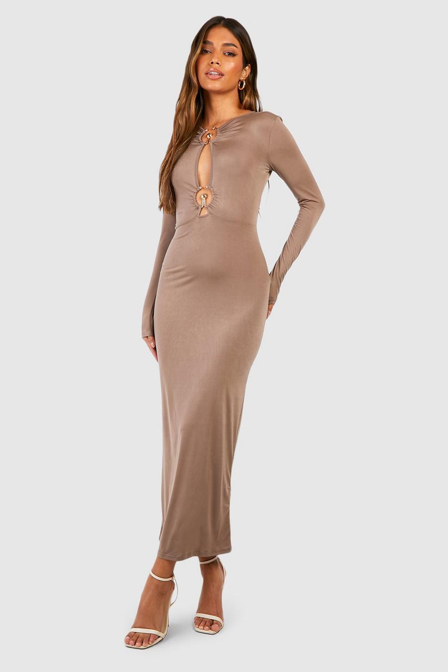 Mocha Slinky Cut Out Midi Dress