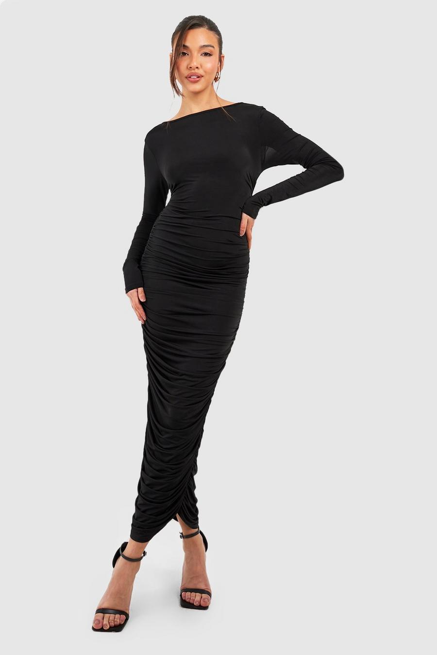 Black Slinky Long Sleeve Midi Dress