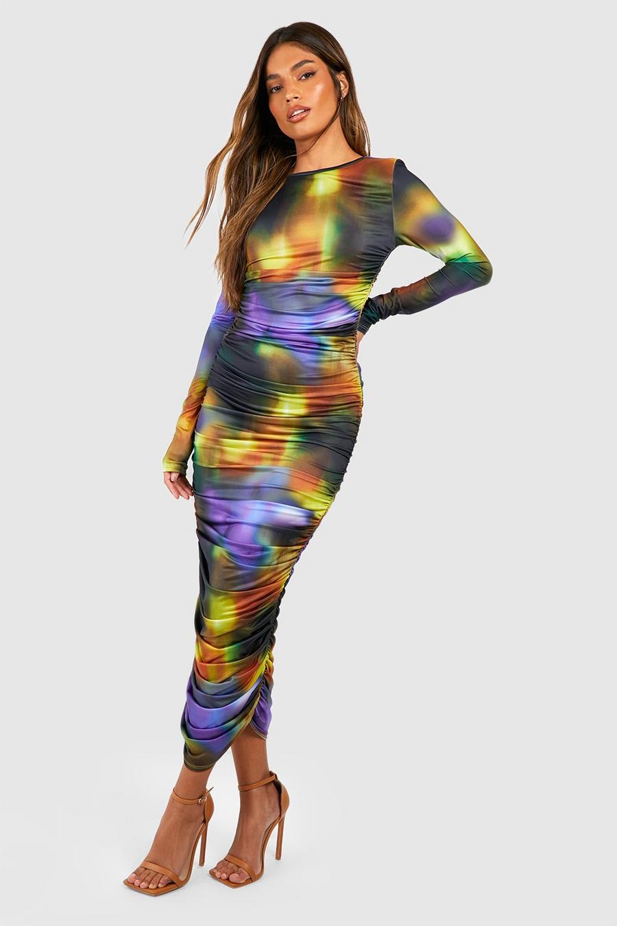 Vestido midaxi ceñido de manga larga con estampado abstracto, Multi image number 1