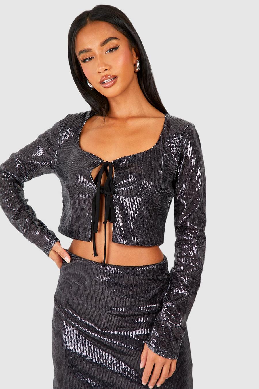 Crop top Petite con paillettes e laccetti frontali, Black