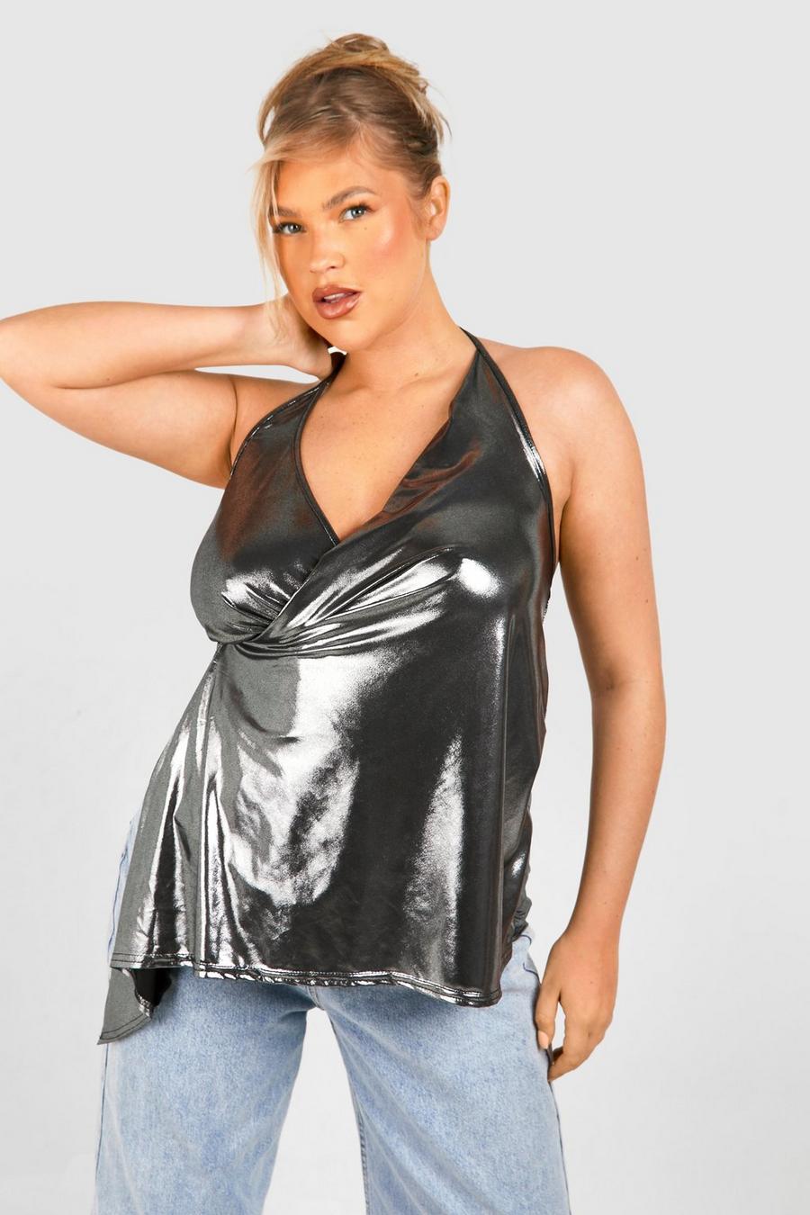 Top smanicato Plus Size metallizzato a incrocio con volant, Silver