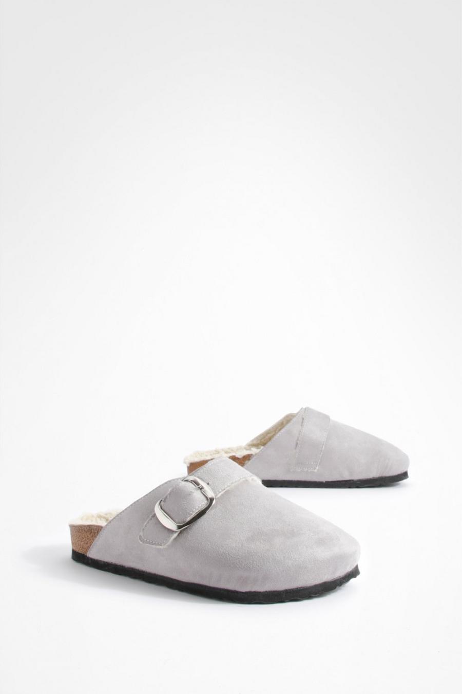 Light grey Wide Fit Oversized Buckle Borg Lined Clogs