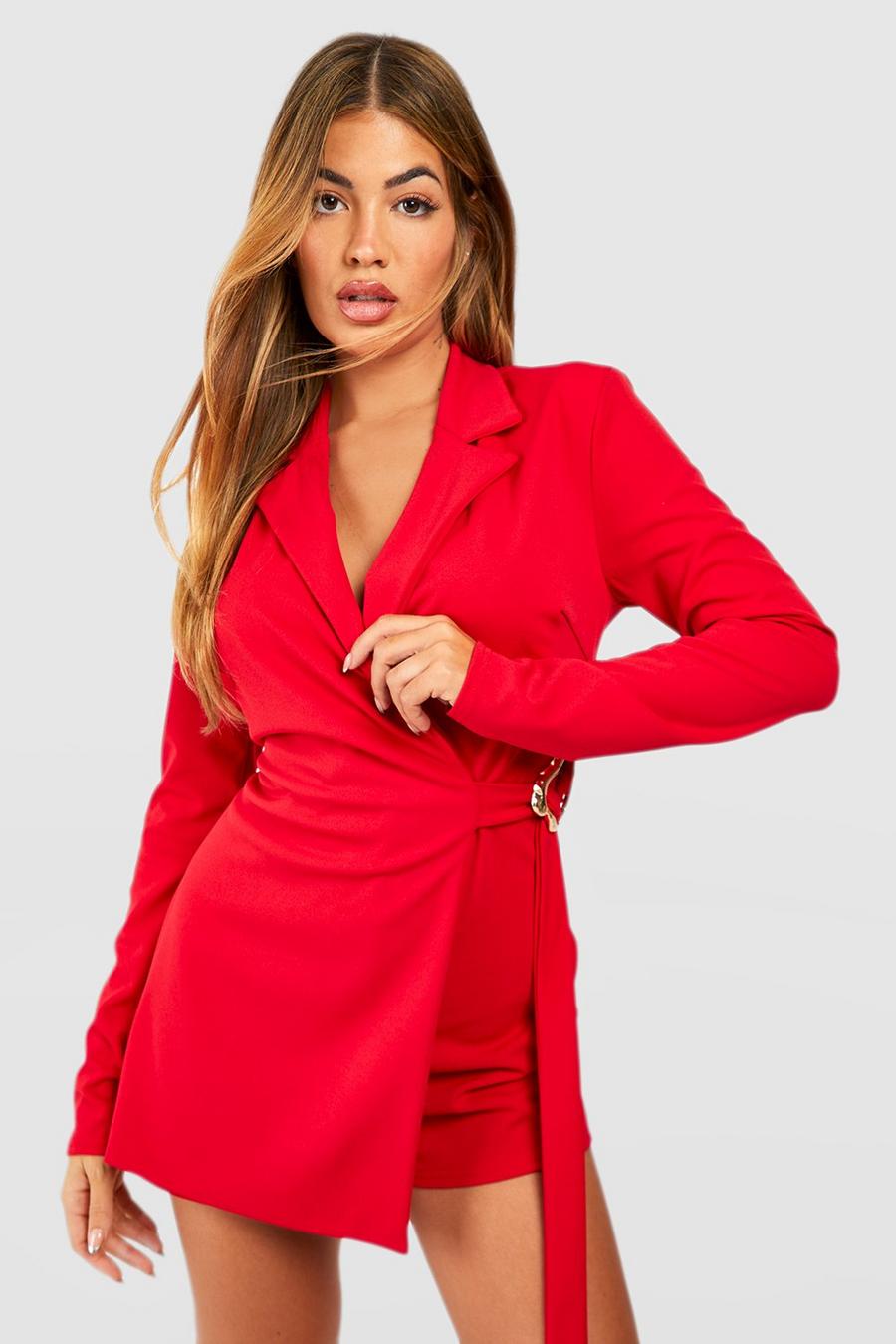 Red Abstract Buckle Tailored Romper