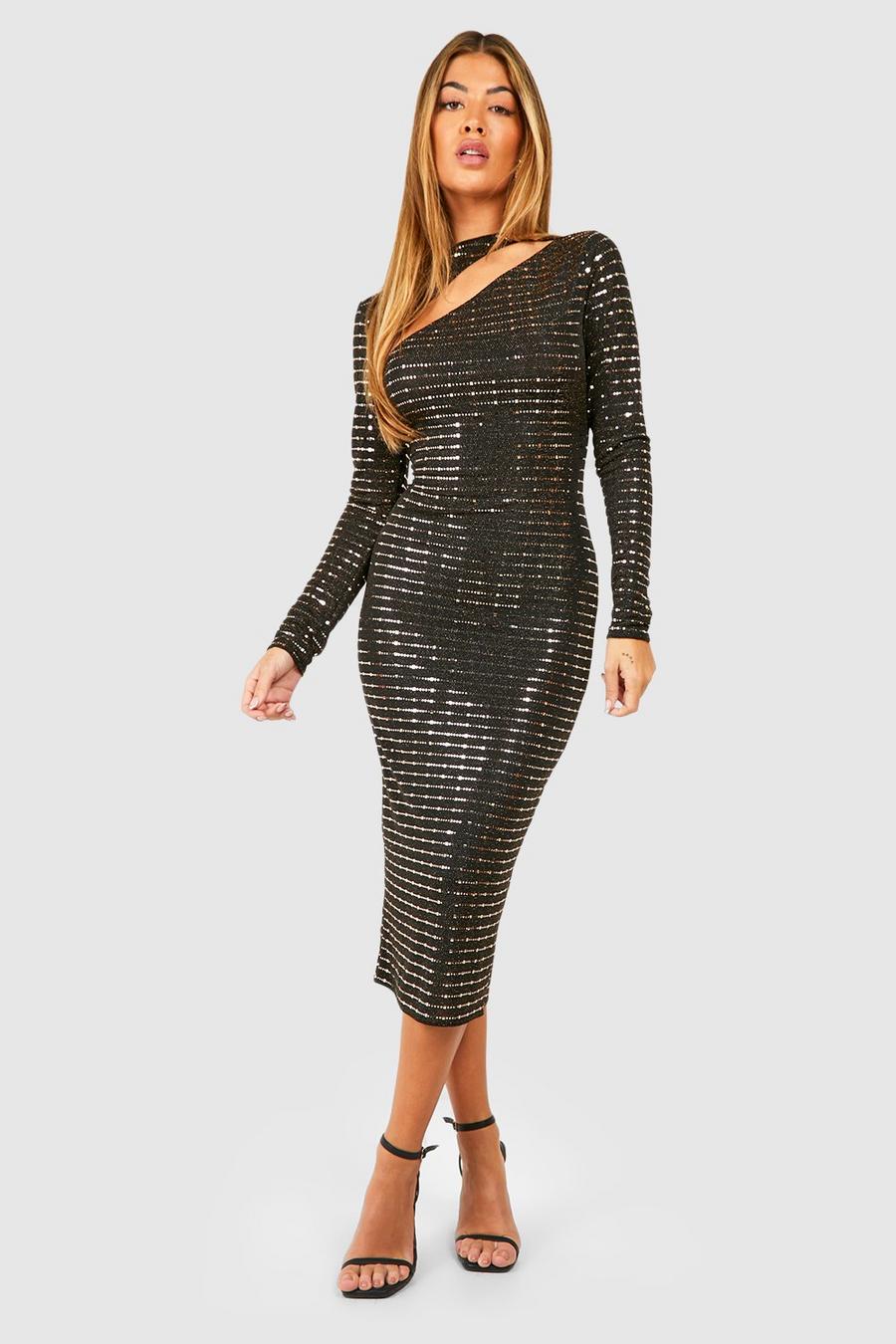 Gold Cut Out Assymetric Sequin Long Sleeve Midi Dress image number 1