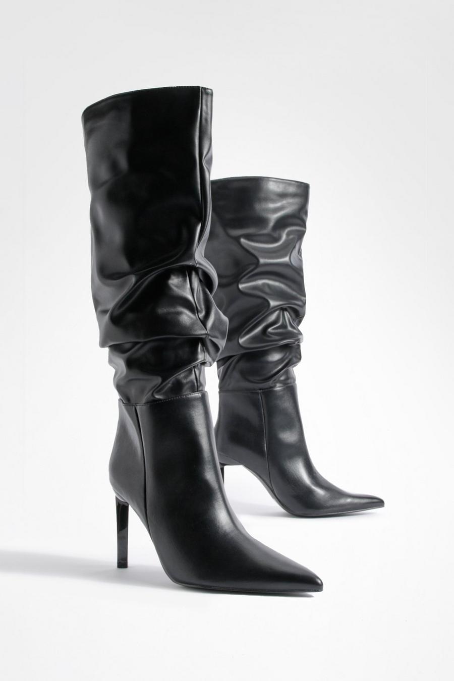 Black Wide Fit Ruched Stiletto Pointed Toe Boots  image number 1