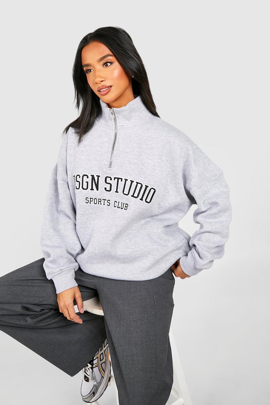 Grey marl Petite Dsgn Studio Applique Oversized Half Zip Sweatshirt