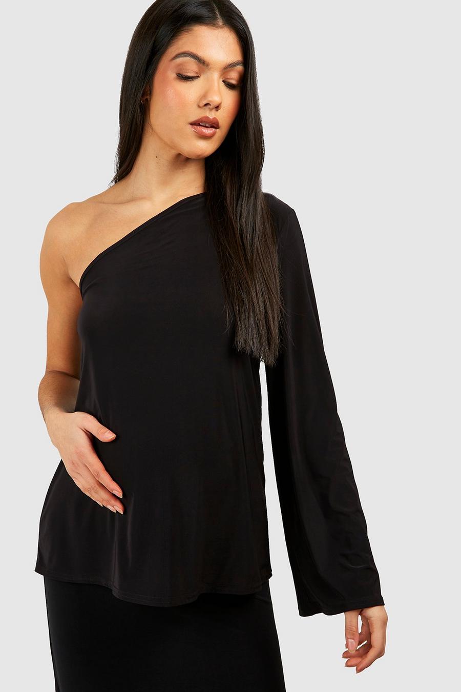 Black Mammakläder Glansig one shoulder-topp med utsvängd ärm