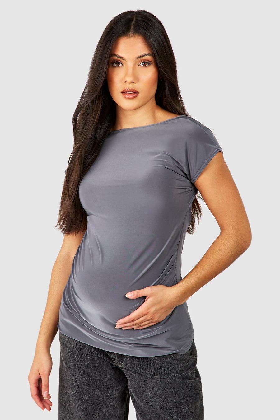 Charcoal Maternity Slinky Open Back Cap Sleeve Top