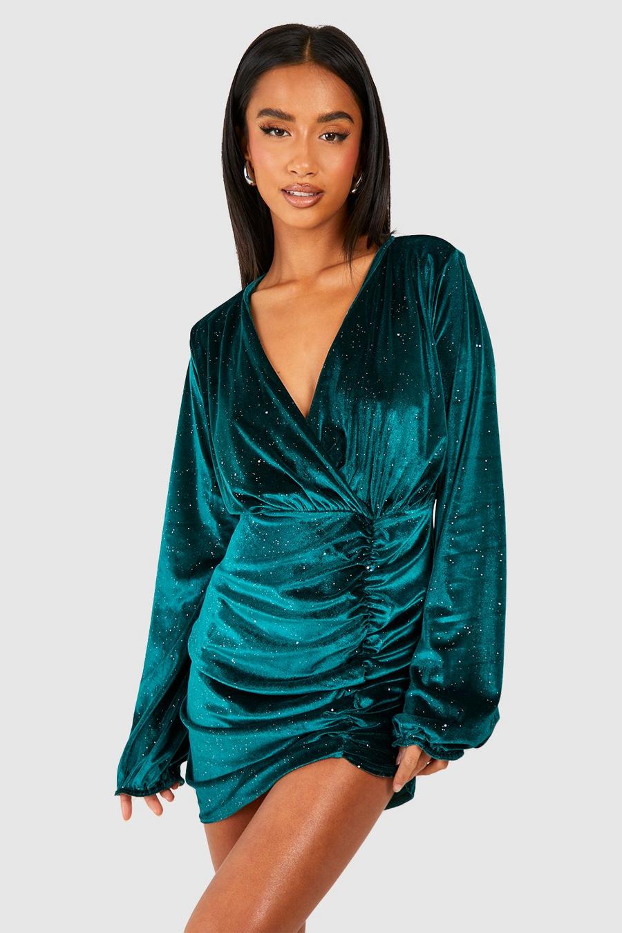 Petite - Robe portefeuille courte en velours, Emerald image number 1