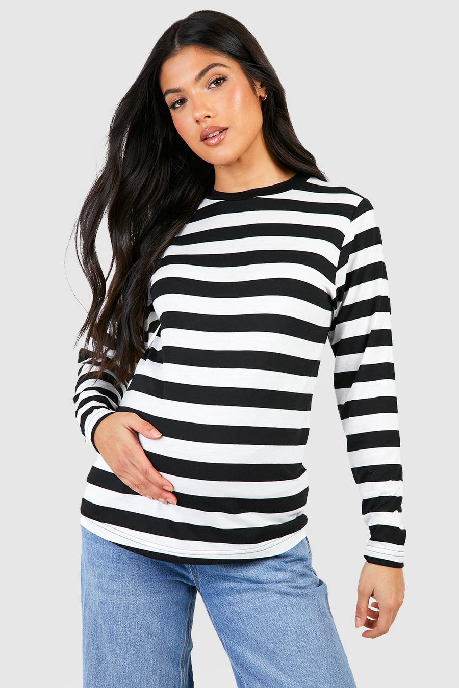 Black Maternity Crew Neck Striped Long Sleeve T-shirt
