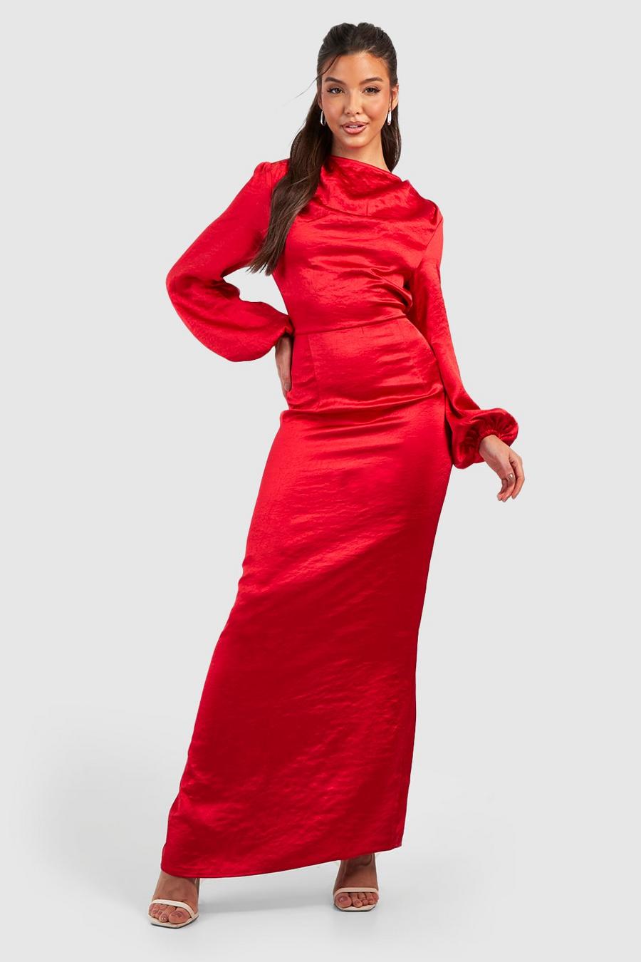 Red Satin Blouson Sleeve Maxi Dress