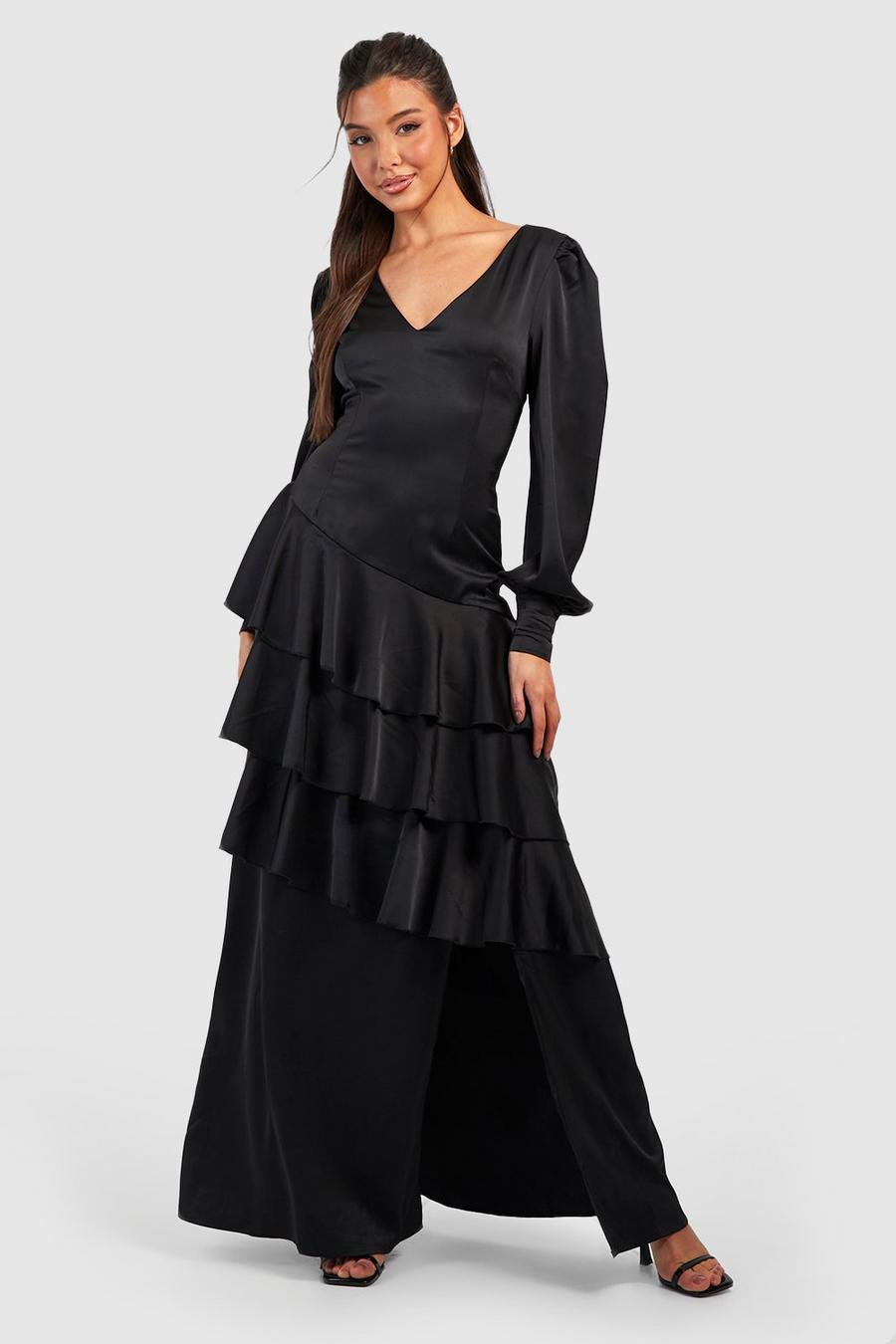 Black Satin Ruffle Maxi Dress