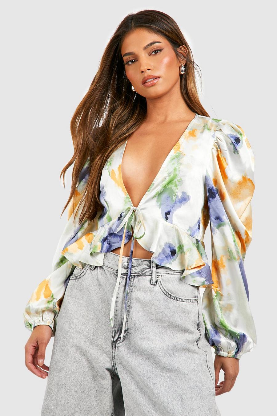 Multi Abstract Print Tie Detail Blouse 