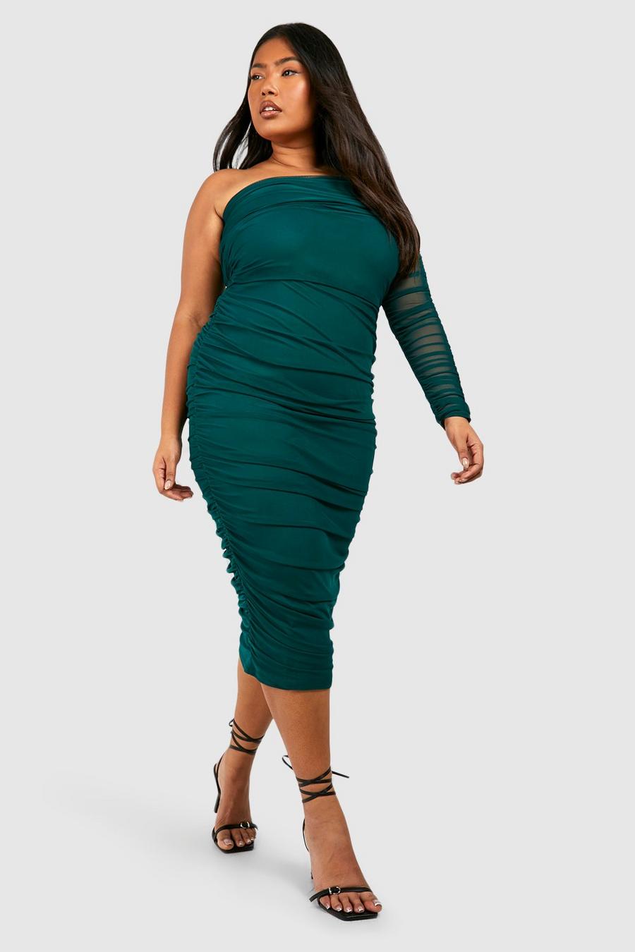 Forest Plus Mesh One Shoulder Ruched Midi Dress