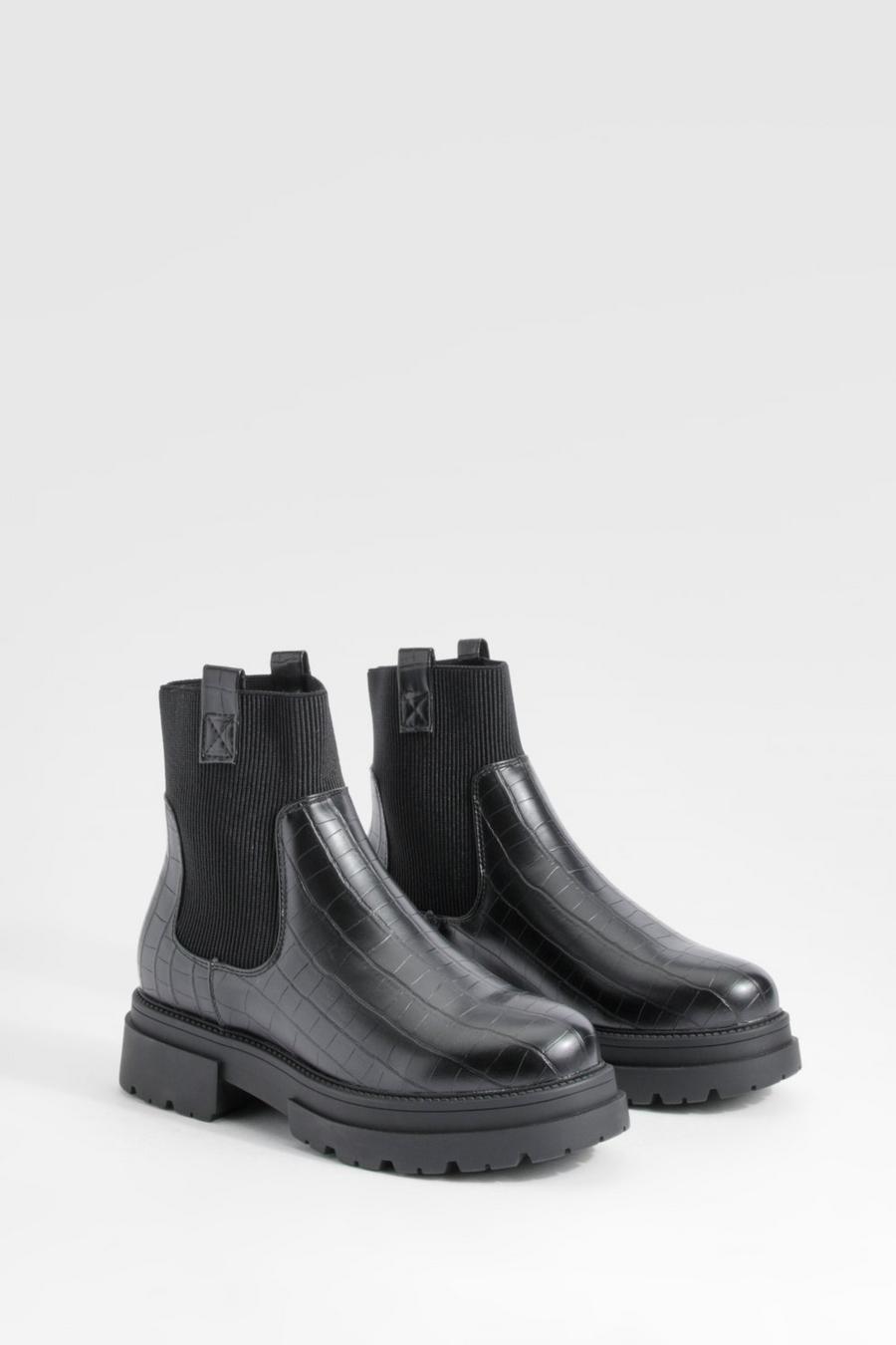 Black Wide Fit Double Tab Croc Chunky Chelsea Boots image number 1