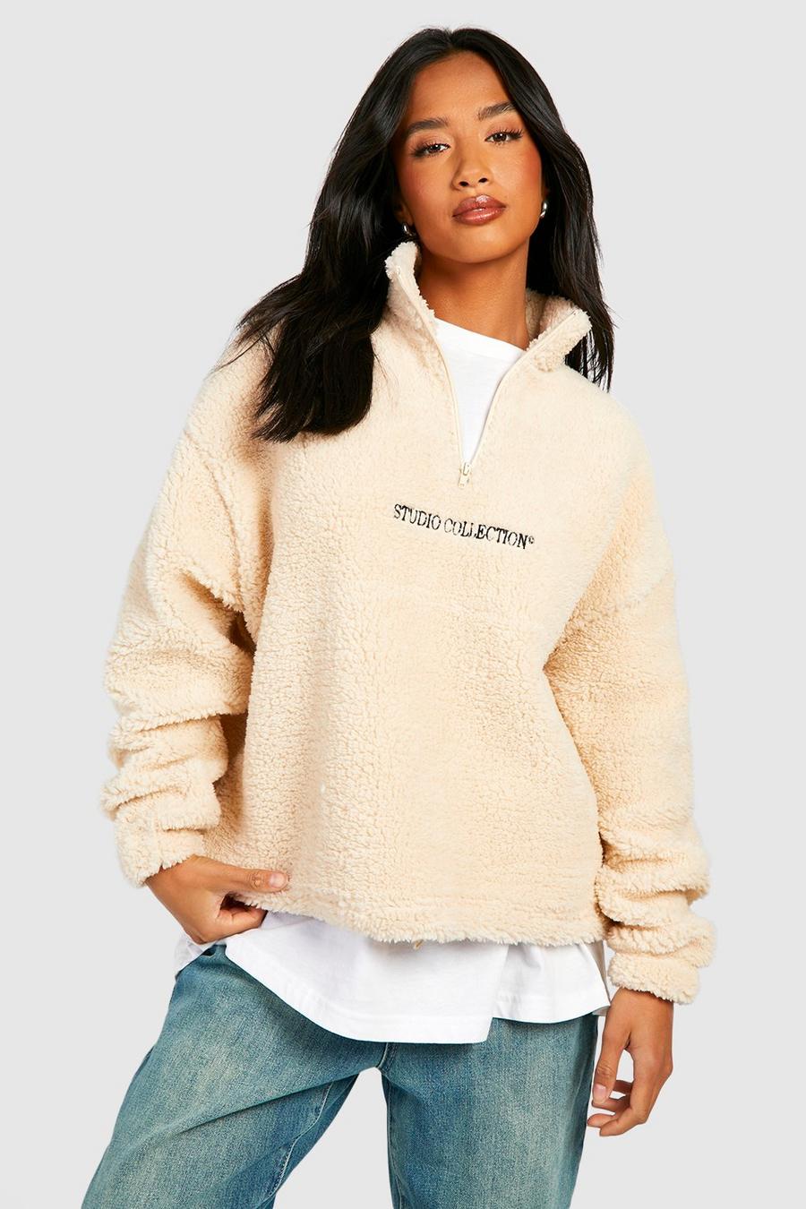 Stone Petite Premium Borg Toggle Hem Half Zip Sweater
