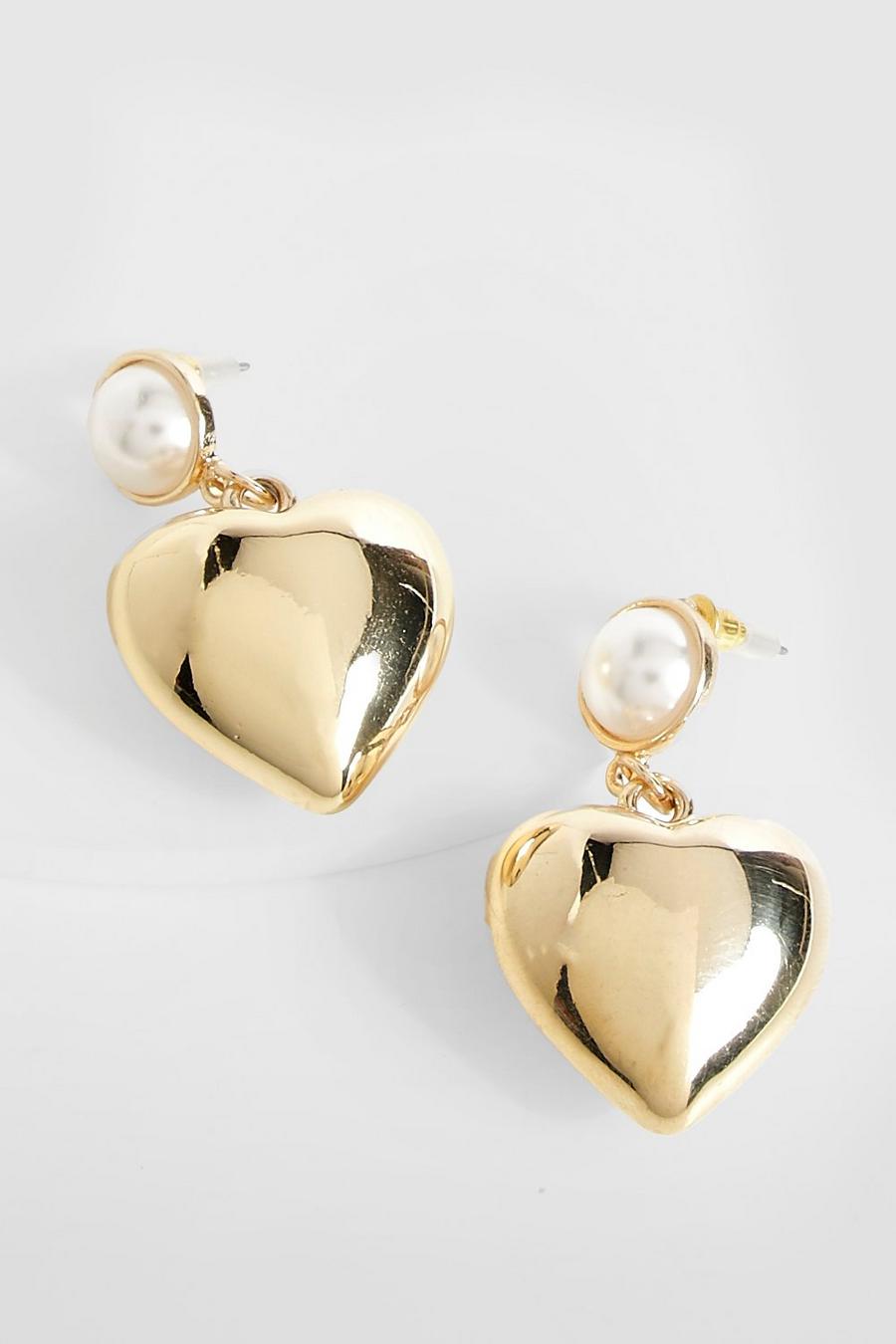Gold Pearl Heart Stud Earrings 