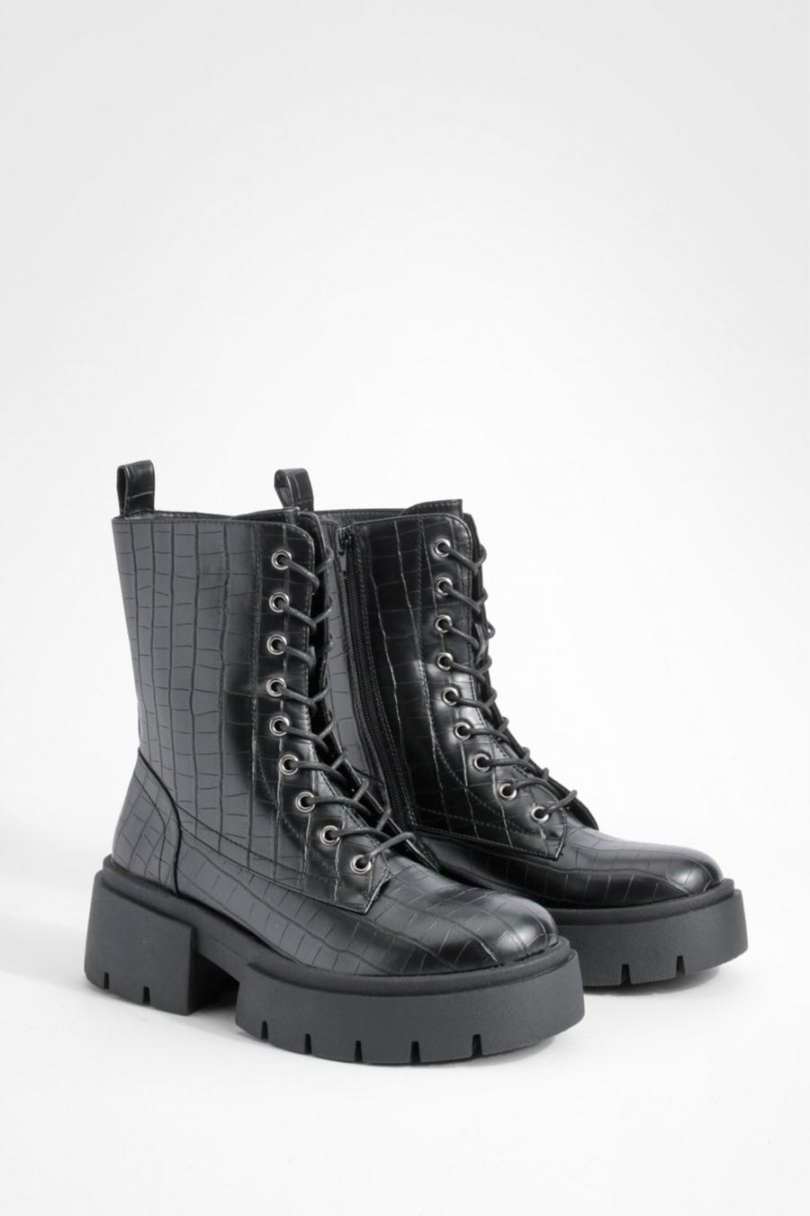 Black Wide Width Chunky Croc Combat Boots image number 1