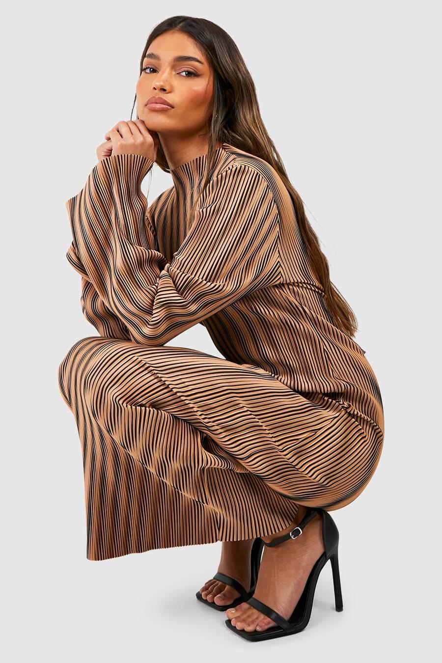 Brown Long Sleeve Printed Flare Sleeve Midi Dress
