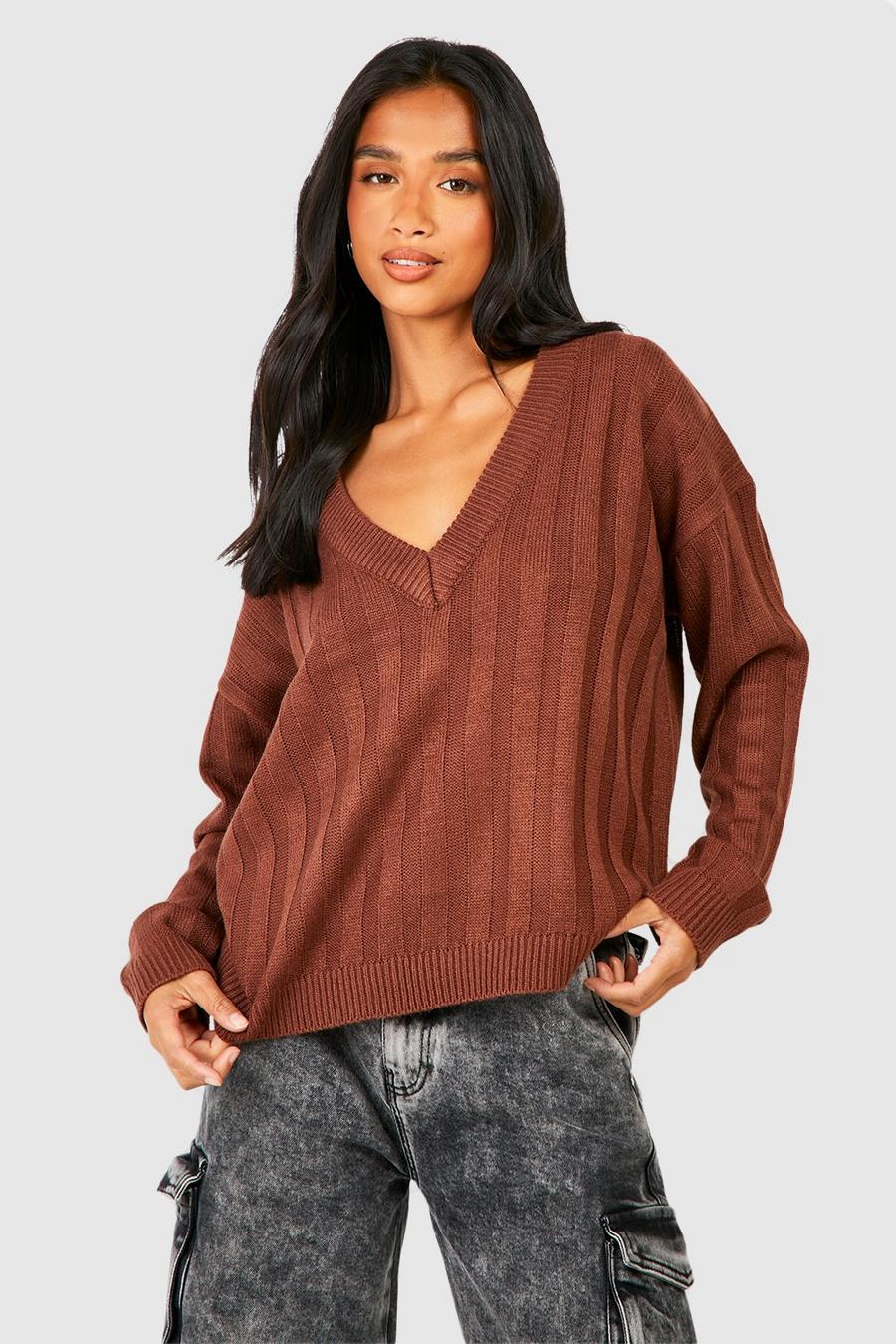 Brown Petite Knitted Boxy V Neck Rib Sweater image number 1