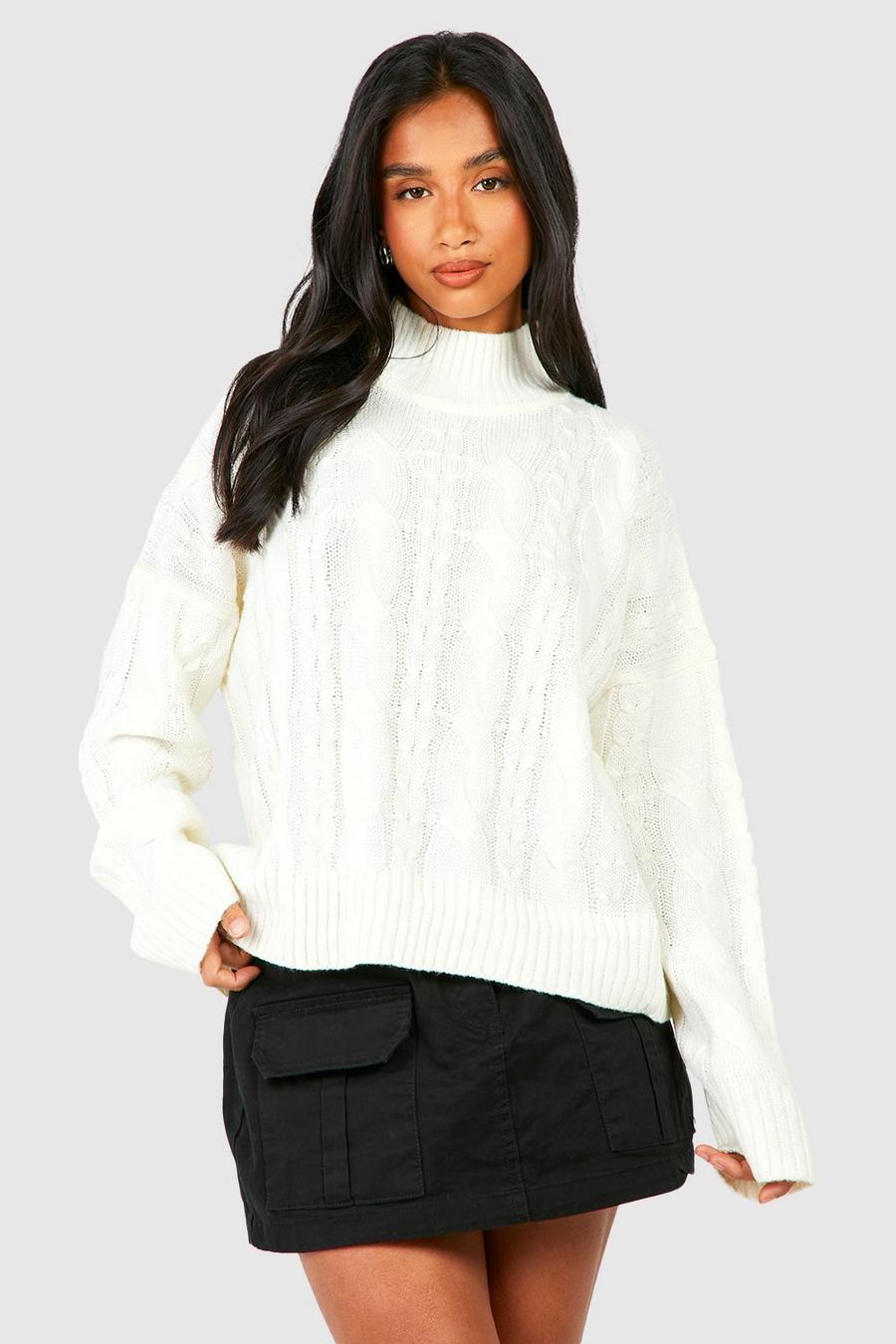 Cream Petite Turtleneck Cable Sweater