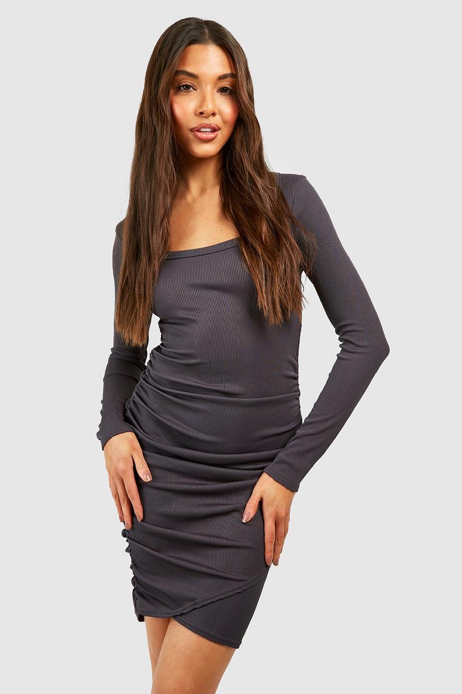 Charcoal Soft Rib Rouched Scoop Neck Mini Dress