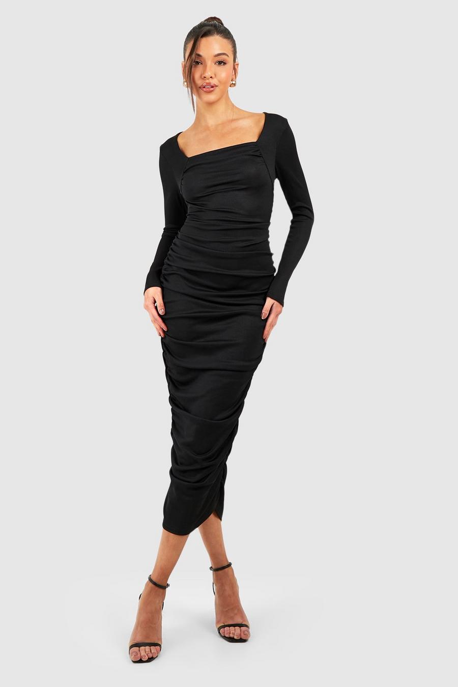 Black Soft Rib Ruched Bust Midi Dress