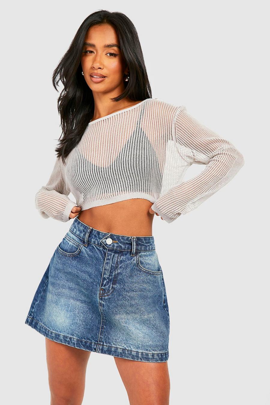 Grey Petite Sheer Ladder Stitch Knitted Top