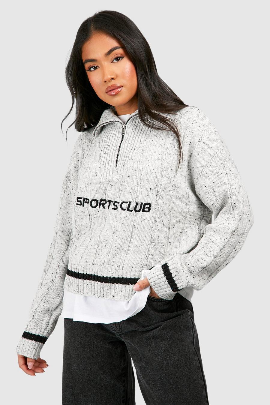 Grey Petite Embroidered Cable Knit Cropped Half Zip Jumper