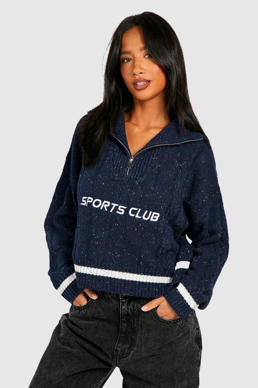 Navy Petite Embroidered Cable Knit Cropped Half Zip Sweater