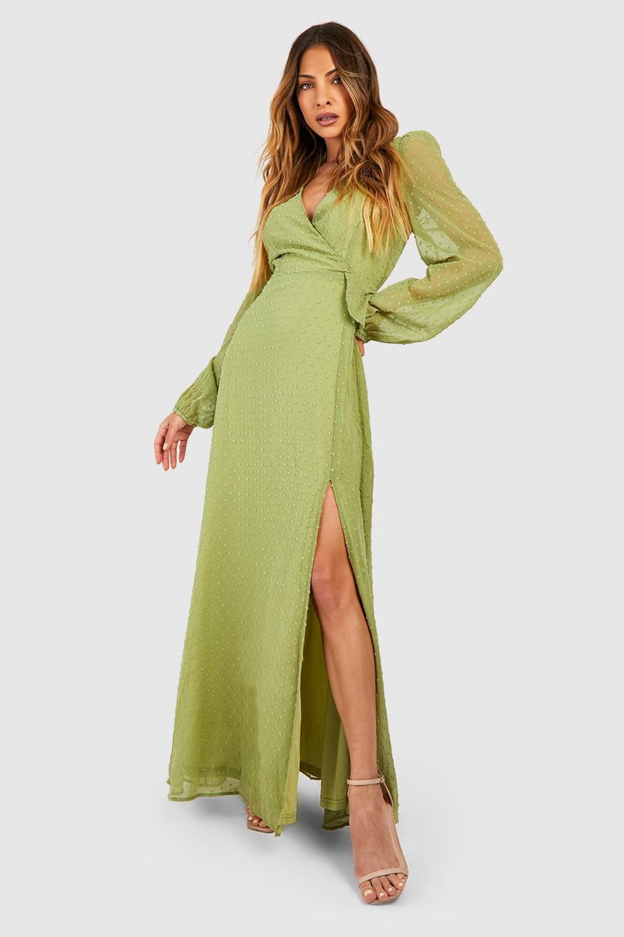 Chartreuse Dobby Blouson Sleeve Wrap Maxi Dress