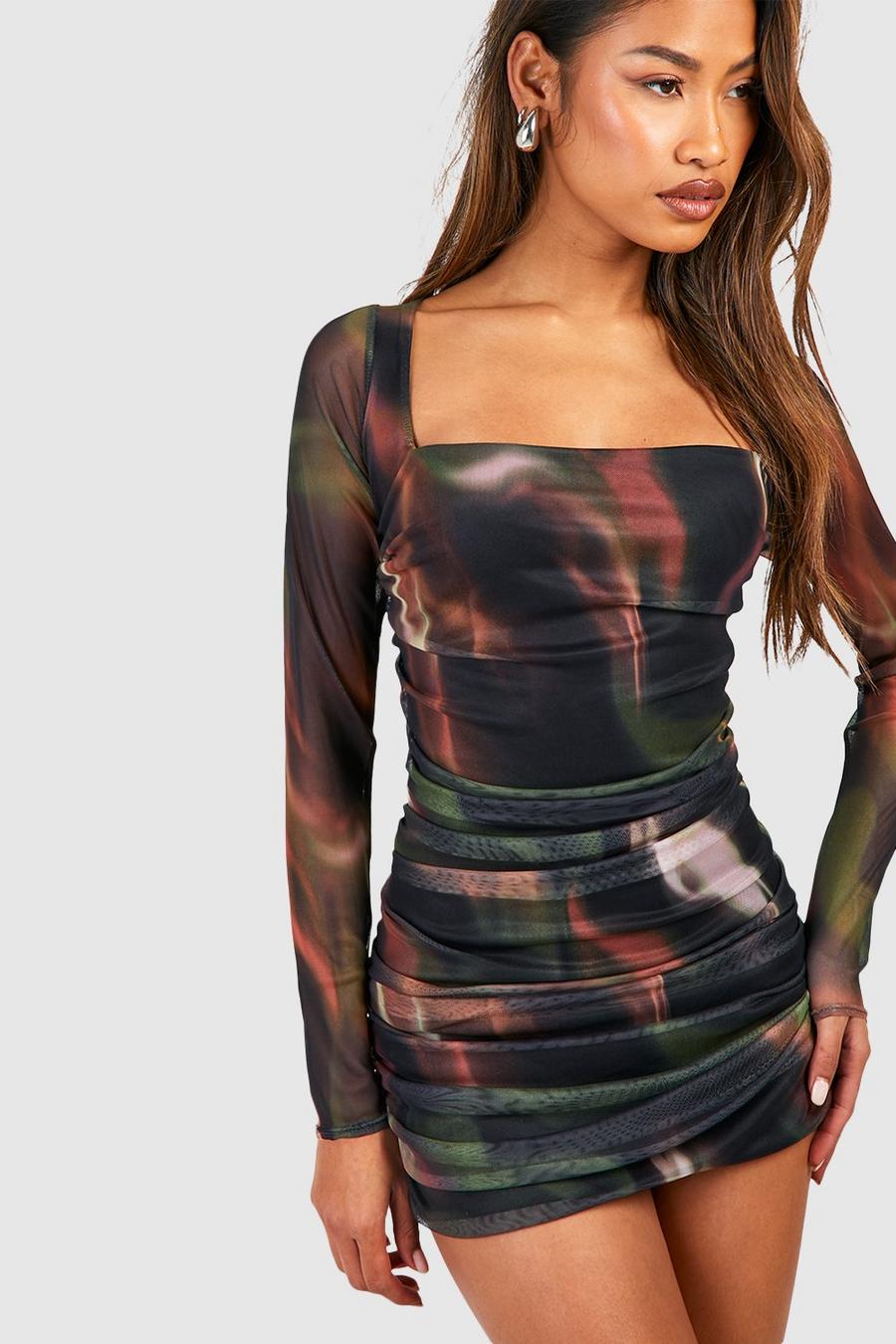 Vestido mini de malla fruncido con estampado abstracto, Multi
