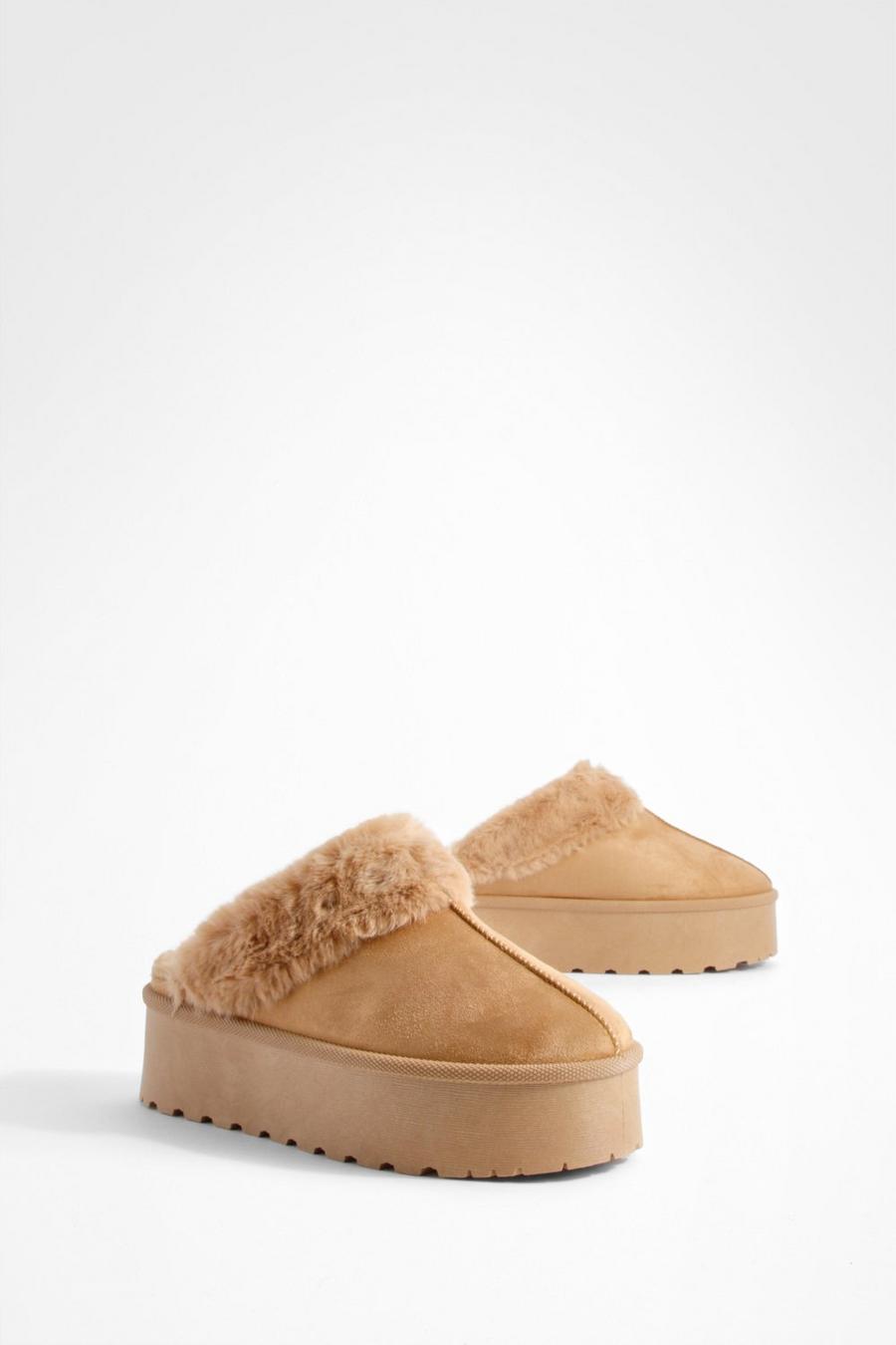 Chestnut Platform Fur Lined Cosy Mules    