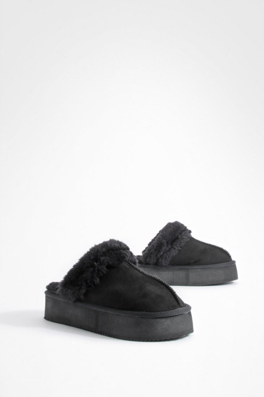 Black Fur Lined Platform Slip On Cozy Mules