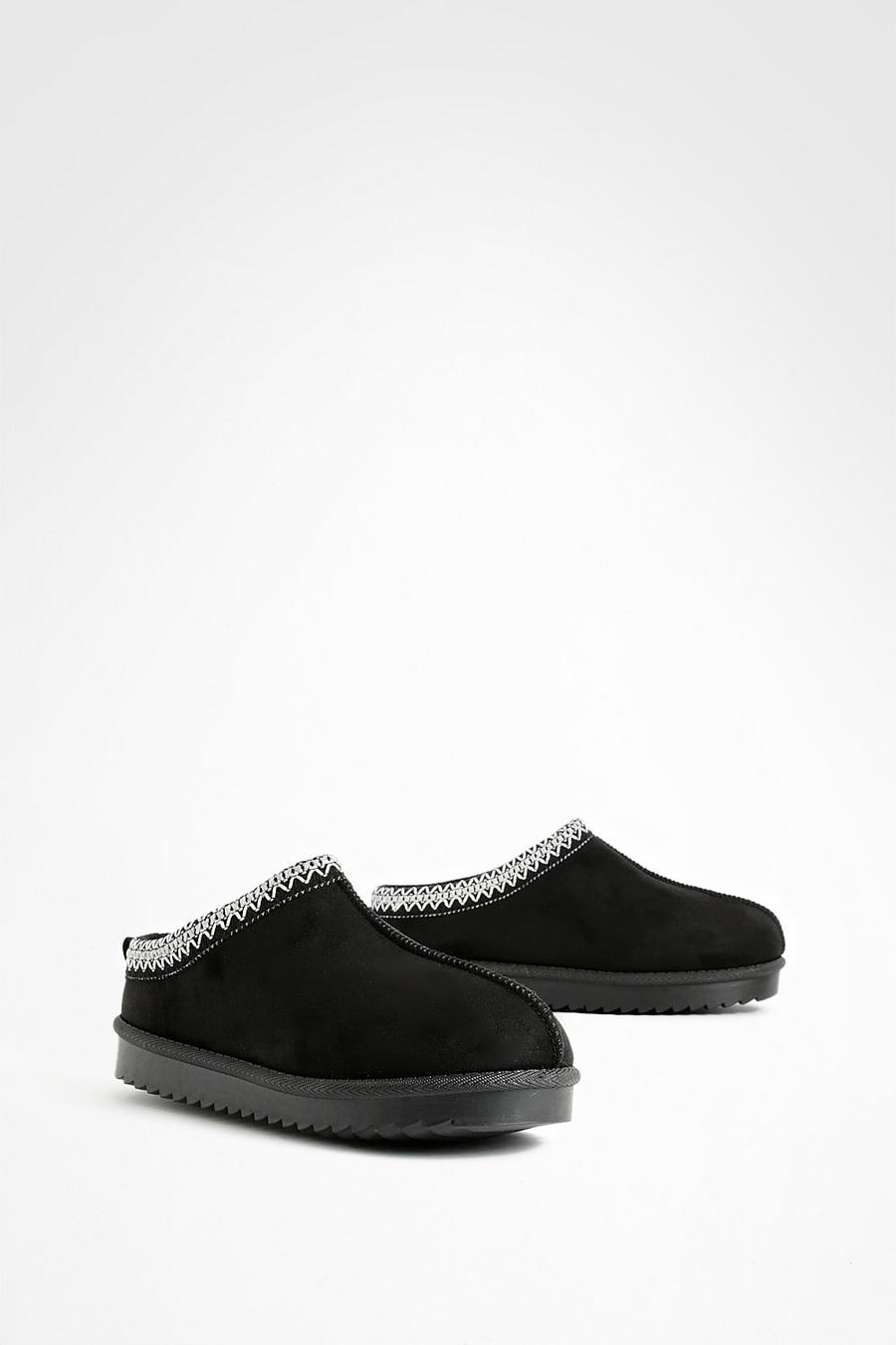 Black Embroidered Slip On Cozy Mules