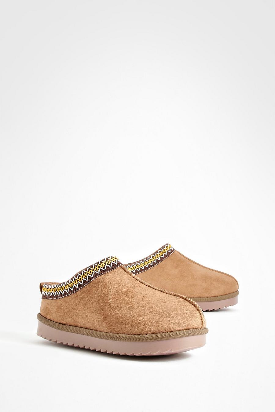 Chestnut Embroidered  Slip On Cosy Mules      