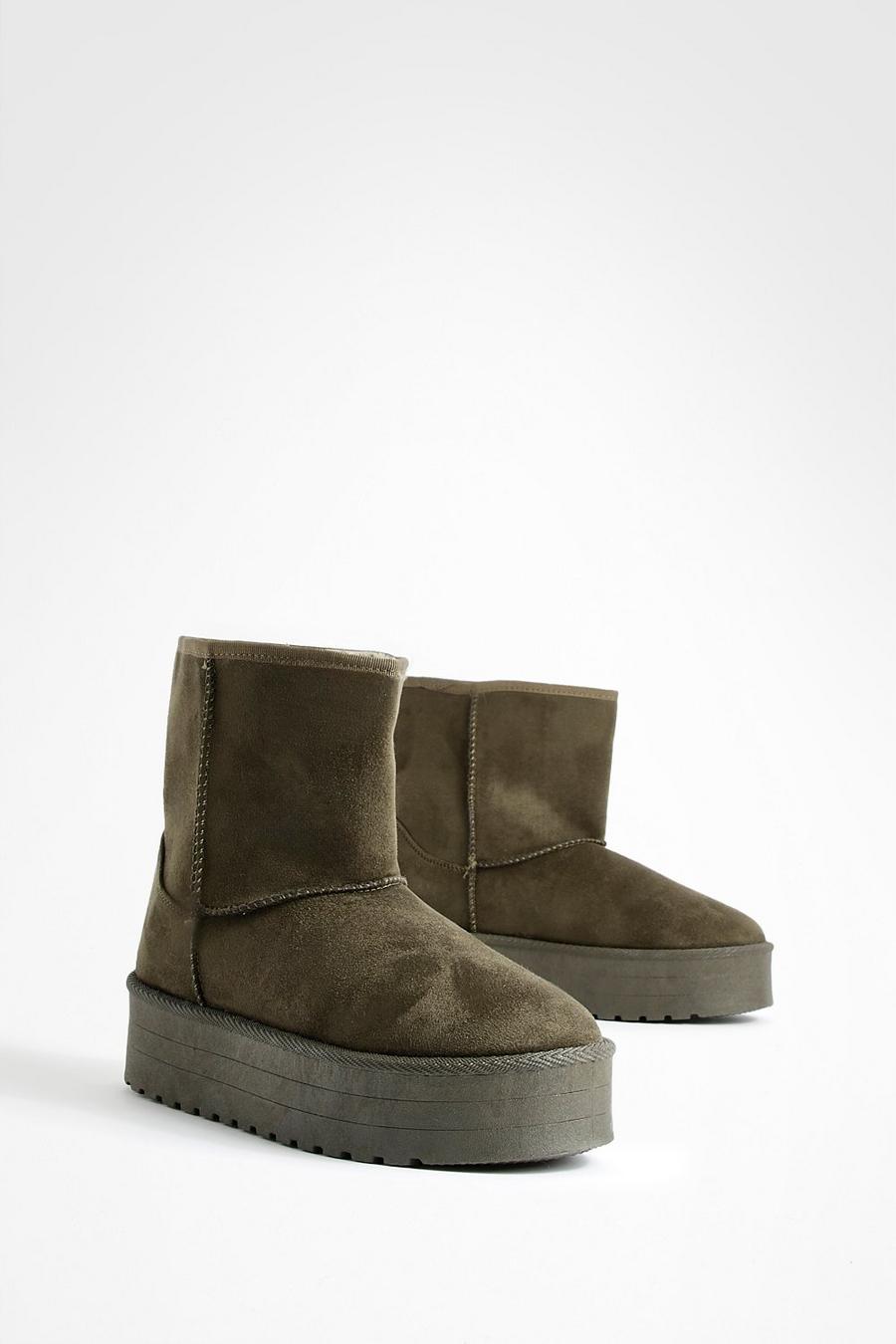 Khaki Platform Cozy Boots