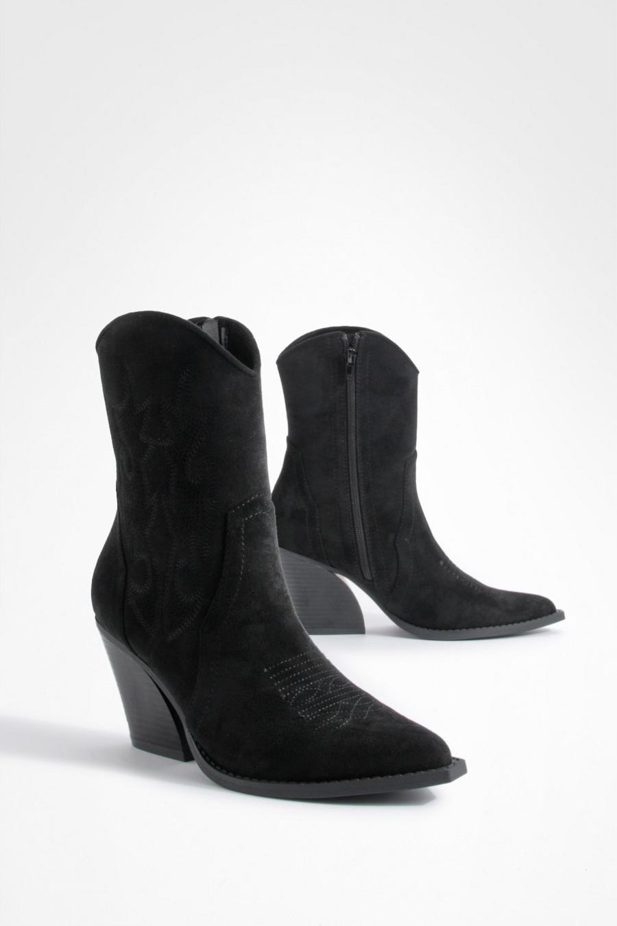 Black Embroidered Cowboy Ankle Boots 